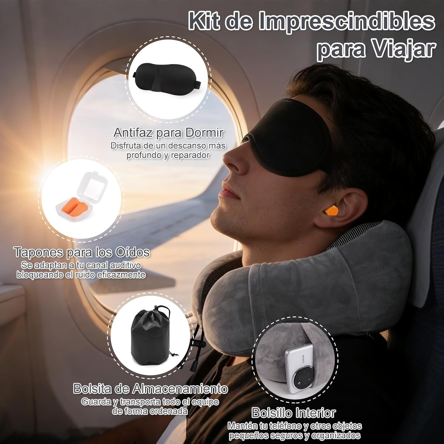 Una Almohada Cervical Ergonómica en Forma de U con Bolsa de Almacenamiento, Espuma de Memoria con Tecnología de Rebote Lento, Funda Lavable a Máquina, Ligera y Portátil para Avión, Oficina y Hogar, Apoya Cuello y Cabeza, Ideal para Siestas, Lectura y Ver