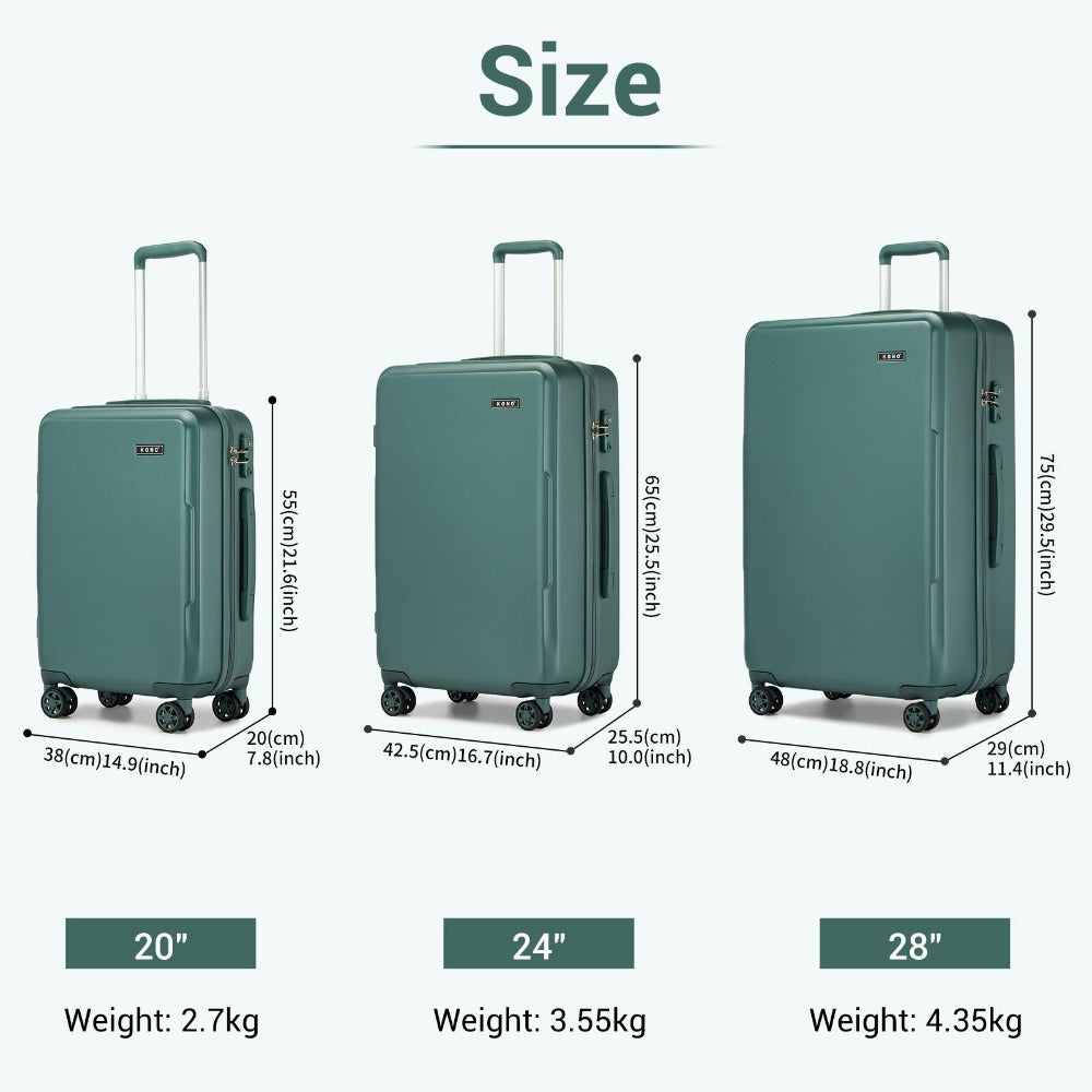 3 piezas de equipaje de cabina Kono de 20/24/28 pulgadas, equipaje de mano, pequeño, PC+ABS, carcasa dura, ligero, duradero, bolsa de viaje con ruedas dobles giratorias, cerradura de seguridad TSA