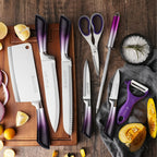 Colección de 9 cuchillos de cocina, fabricados con acero inoxidable forjado de alto carbono con mangos degradados vibrantes, elegantemente empaquetados para regalar, perfectos para el hogar o como regalos navideños - Disponibles en azul, negro, rojo y mor