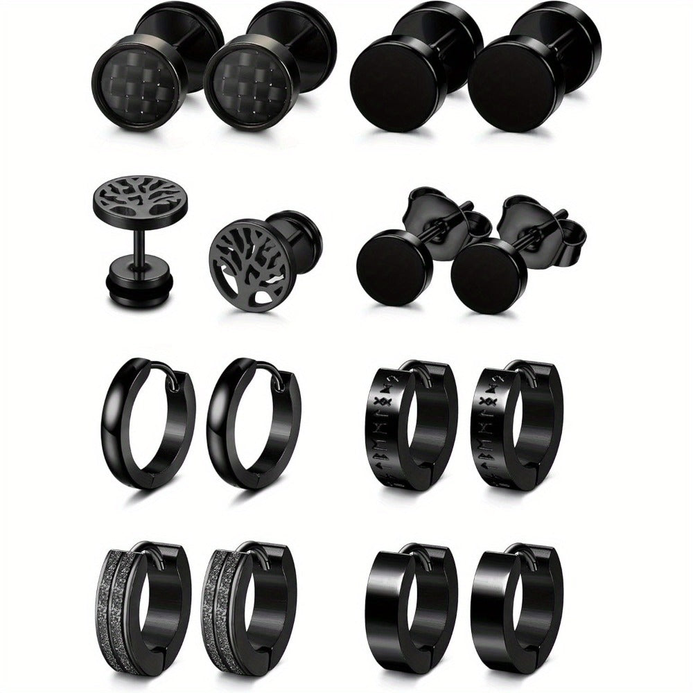 8 Pares de Aretes Negros para Hombre, Aretes de Acero Inoxidable 316L Hipoalergénicos para Pendientes de Piercing, Aretes de Aro Negros para Hombre