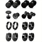 8 Pares de Aretes Negros para Hombre, Aretes de Acero Inoxidable 316L Hipoalergénicos para Pendientes de Piercing, Aretes de Aro Negros para Hombre