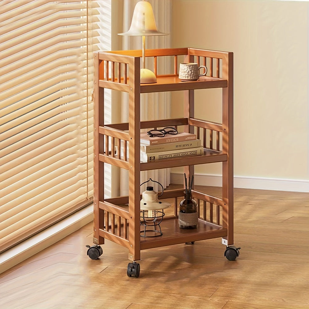 Carrito de madera de tres niveles, estante de almacenamiento con valla, carrito de cocina móvil con ruedas omnidireccionales, fácil de limpiar, adecuado para baños, dormitorios y estantes de sala de estar, estante de pie, estante de pie