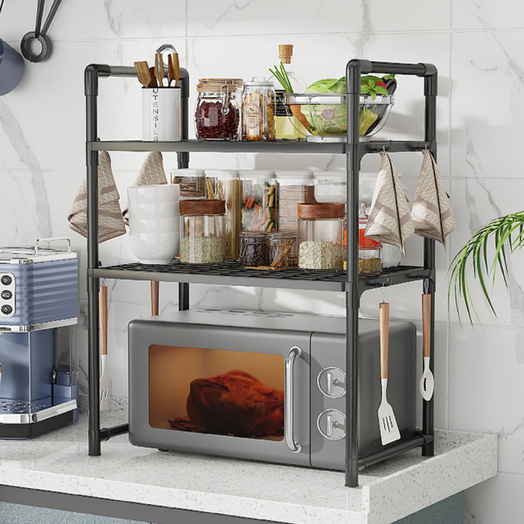 2/3 Niveles Soporte para microondas para encimera, Rejilla Para Horno Microondas Metal, Soporte Para Microondas Y Horno Cocina Con 4/8 Ganchos, Tiendas de condimentos, Adecuado para cocinas (Blanco / Negro)