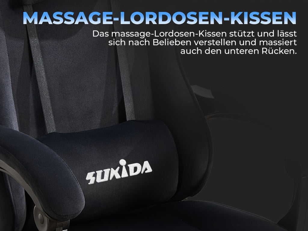 Silla de gaming SUKIDA de tela, silla de gaming ergonómica con reposapiés, silla de carreras para ordenador ajustable con soporte lumbar, silla ergonómica para PC negra