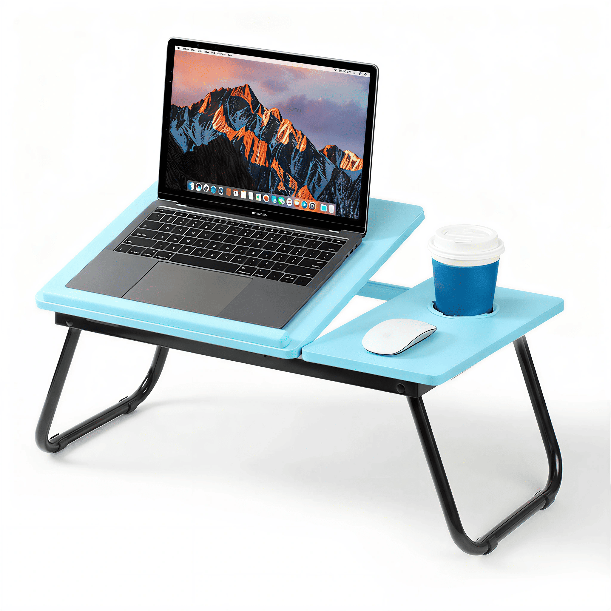 Mesa plegable para cama y sofá con altura ajustable de 5 niveles, bandeja con superficie ajustable y portavasos, mesa pequeña multifunción para ordenador, libros, trabajo y estudio en casa (56x32x25cm)