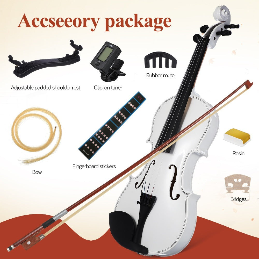 Violín de madera con arco, cuerdas, paño de limpieza y hombro - Elegante extremo blanco, incluye arco y accesorios para principiantes y profesionales, accesorios para violín, calidad profesional, diseño clásico, artesanía de alta calidad
