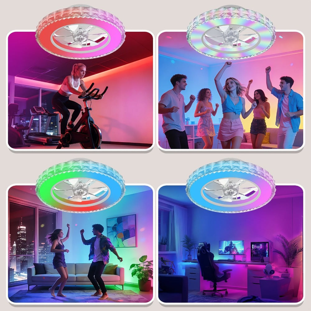 ATEROLL Ventilador de Techo de 43cm con Luz, Luz RGB+3CCT Ajustable, Ventilador de Techo de Estilo Moderno de Cristal, 7 Colores y 6 Modos de Luz Perseguidora, Función de Temporización de 2H, 4H, Motor DC Embutido, Opción Ideal para Dormitorio/Sala de Est