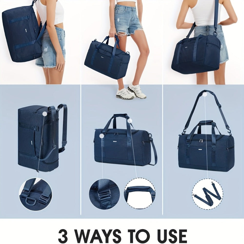 Bolso de mano de 32L aprobado para avión, para debajo del asiento, 45X36X20, equipaje de mano con compartimentos desmontables para artículos de tocador y zapatos, Weekender para hombres y mujeres (Opciones de color triple: Negro | Azul Marino | Rosa Champ