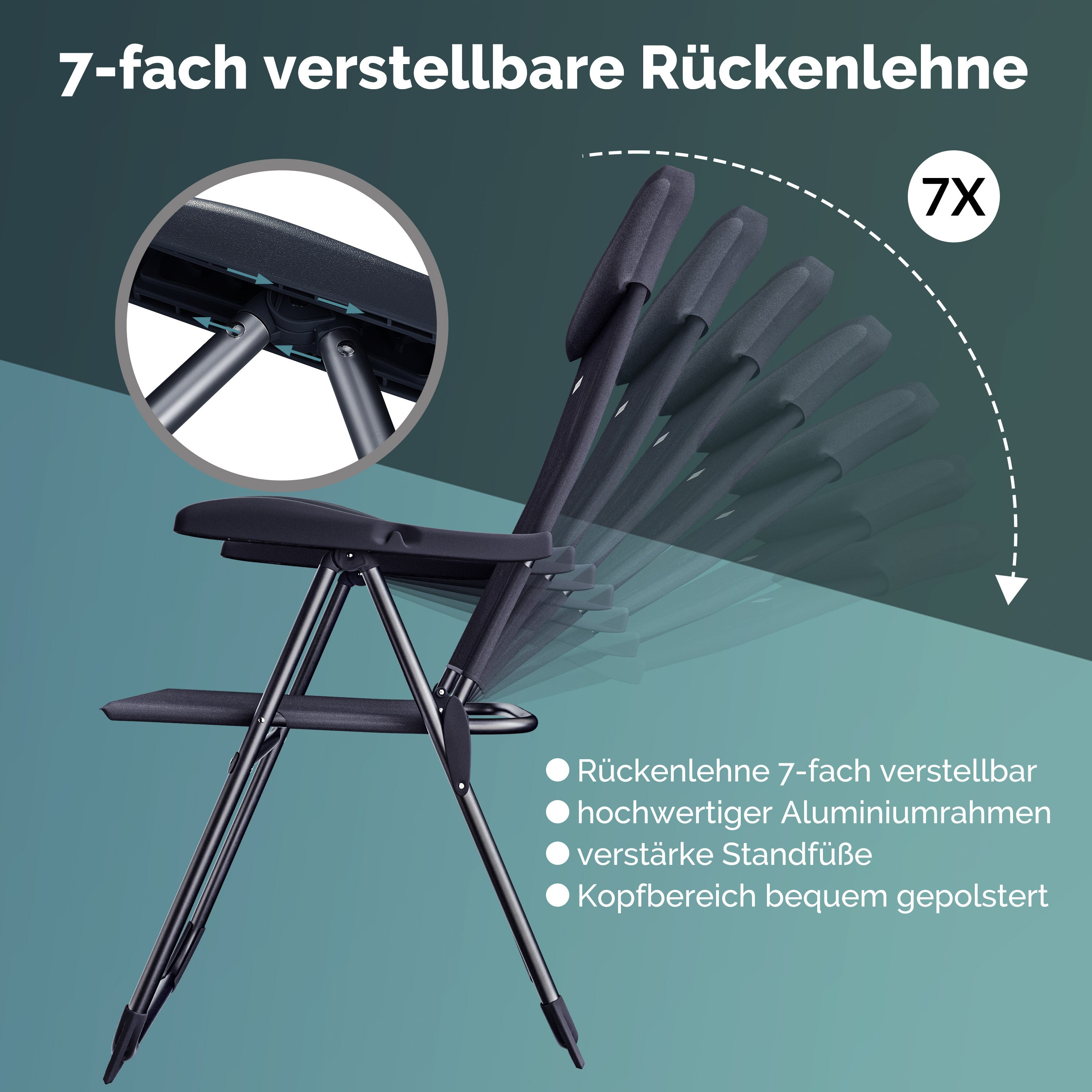 CASARIA® Sillas de Jardín Juego de 4 Plegables Ajustables en 7 Direcciones de Aluminio con Respaldo Alto Función Reclinable Silla de Camping Plegable para Balcón Silla Plegable Respaldo Alto