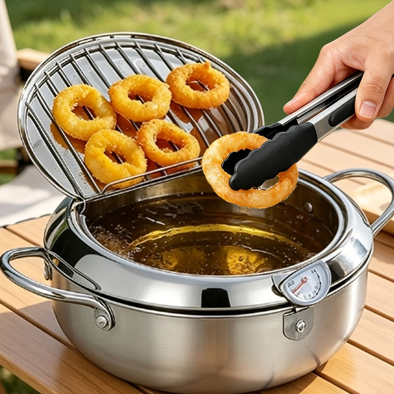 Olla freidora de acero inoxidable con tapa, sartén para freír profunda que ahorra aceite con termómetro, utilizada para freír papas fritas, alitas de pollo y camarones, compatible con estufas de gas y placas de inducción, utensilios de cocina | Suministro