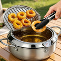 Olla freidora de acero inoxidable con tapa, sartén para freír profunda que ahorra aceite con termómetro, utilizada para freír papas fritas, alitas de pollo y camarones, compatible con estufas de gas y placas de inducción, utensilios de cocina | Suministro
