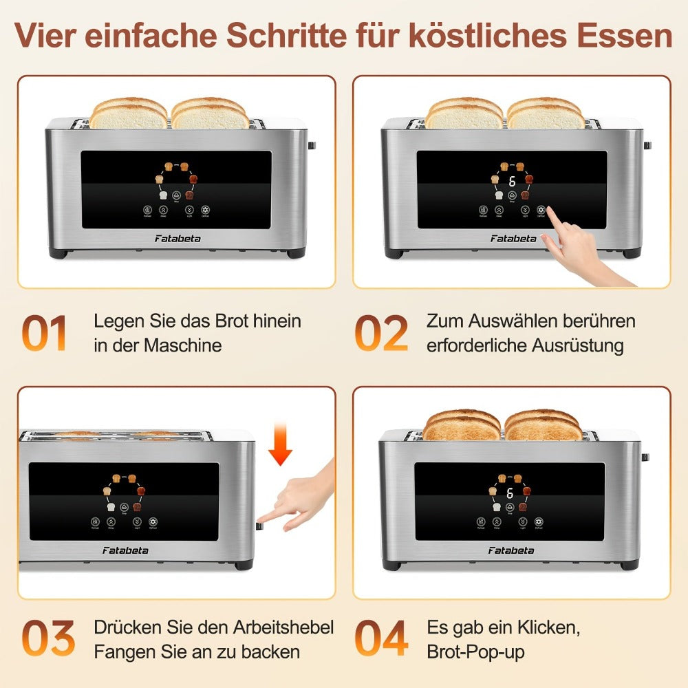 Tostadora de Pan 1400W, Tostadora de Acero Inoxidable, Pantalla Táctil LCD, 2 Ranuras Anchas para Tostadas, Tostadora de 4 Rebanadas, 7 Niveles de Marron, con Calentador de Rosquillas, Bandeja de Salpicaduras Extraíble