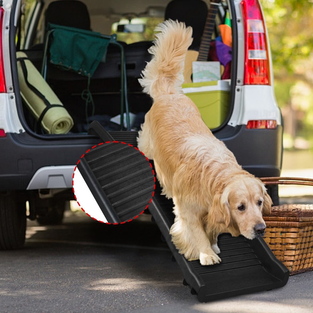 Rampa para perros plegable de plástico, escaleras para mascotas, rampa de acceso antideslizante con topes de goma hasta 90 kg, 156 x 40 cm, negra