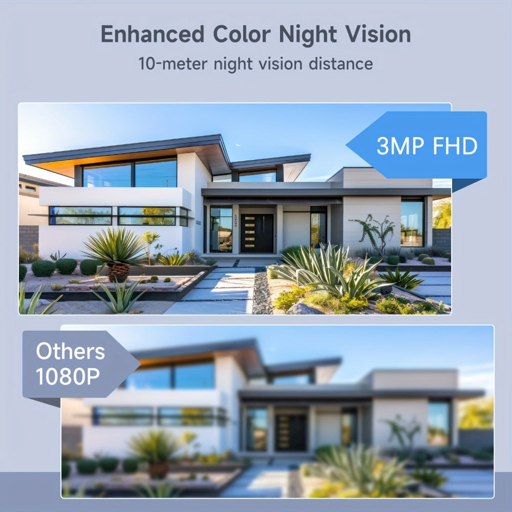Cámara de seguridad exterior Arenti de 3MP con energía solar, PTZ 360° Pan-Tilt-Zoom, visión nocturna a color, sensor de movimiento PIR, audio bidireccional, foco y alarma de sirena, alta calidad, WiFi inalámbrico, alimentada por batería y USB, grabación