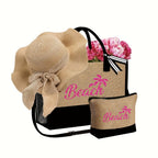 Bolso de Playa para Mujer, con un Diseño Moderno de "Beach" y Sombrero de Playa, Ideal para Vacaciones en la Playa y Bodas al Aire Libre. Un Regalo Perfecto para Mujeres, Madres, Estudiantes y para el Regreso a Clases