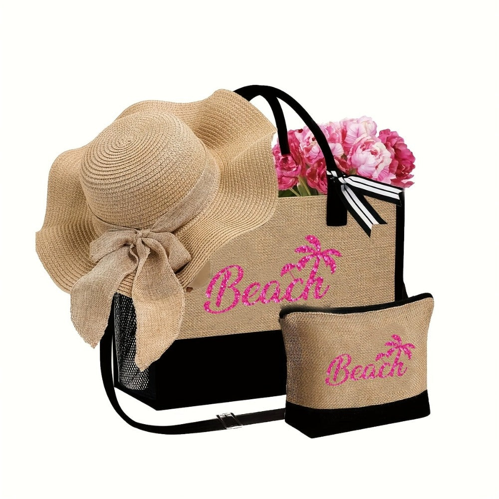 Bolso de Playa para Mujer, con un Diseño Moderno de "Beach" y Sombrero de Playa, Ideal para Vacaciones en la Playa y Bodas al Aire Libre. Un Regalo Perfecto para Mujeres, Madres, Estudiantes y para el Regreso a Clases