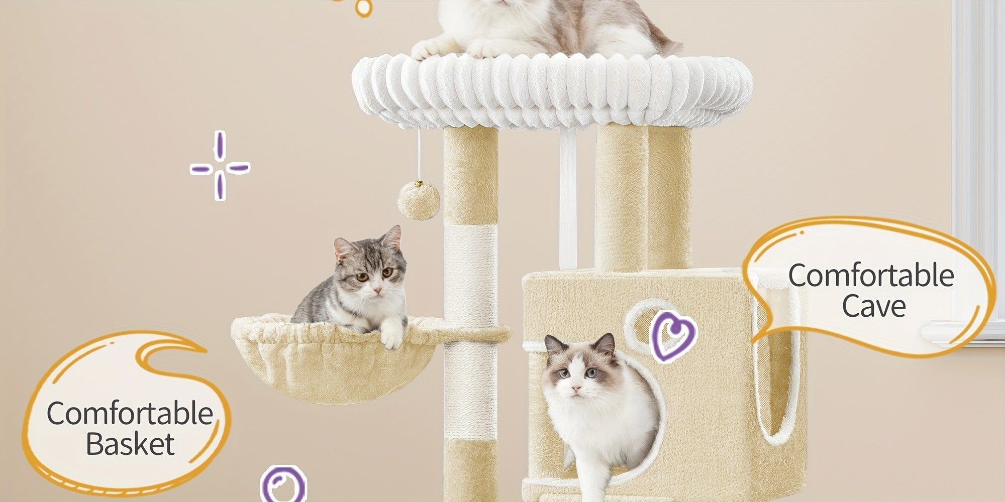 Torre para Gatos Pequeña, 98Cm de Alto, Espaciosa y Robusta, con un Perch Grande Suave, Juguetes de Felpa, Escondites, Postes para Rascar, Alfombrilla para Rascar Gatos, Disponible en Gris Claro/Gris Oscuro/Beige