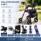 Andador Rollator Plegable para Adultos Mayores, Ayuda de Movilidad Ligera de Aluminio, Ruedas Univer Todoterreno de 20.32cm, Altura Dual Ajustable, Asiento y Respaldo Acolchado Ergonómico de PU, Capacidad de Peso de 136.08 KG
