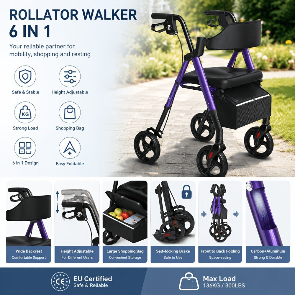 Andador Rollator Plegable para Adultos Mayores, Ayuda de Movilidad Ligera de Aluminio, Ruedas Univer Todoterreno de 20.32cm, Altura Dual Ajustable, Asiento y Respaldo Acolchado Ergonómico de PU, Capacidad de Peso de 136.08 KG
