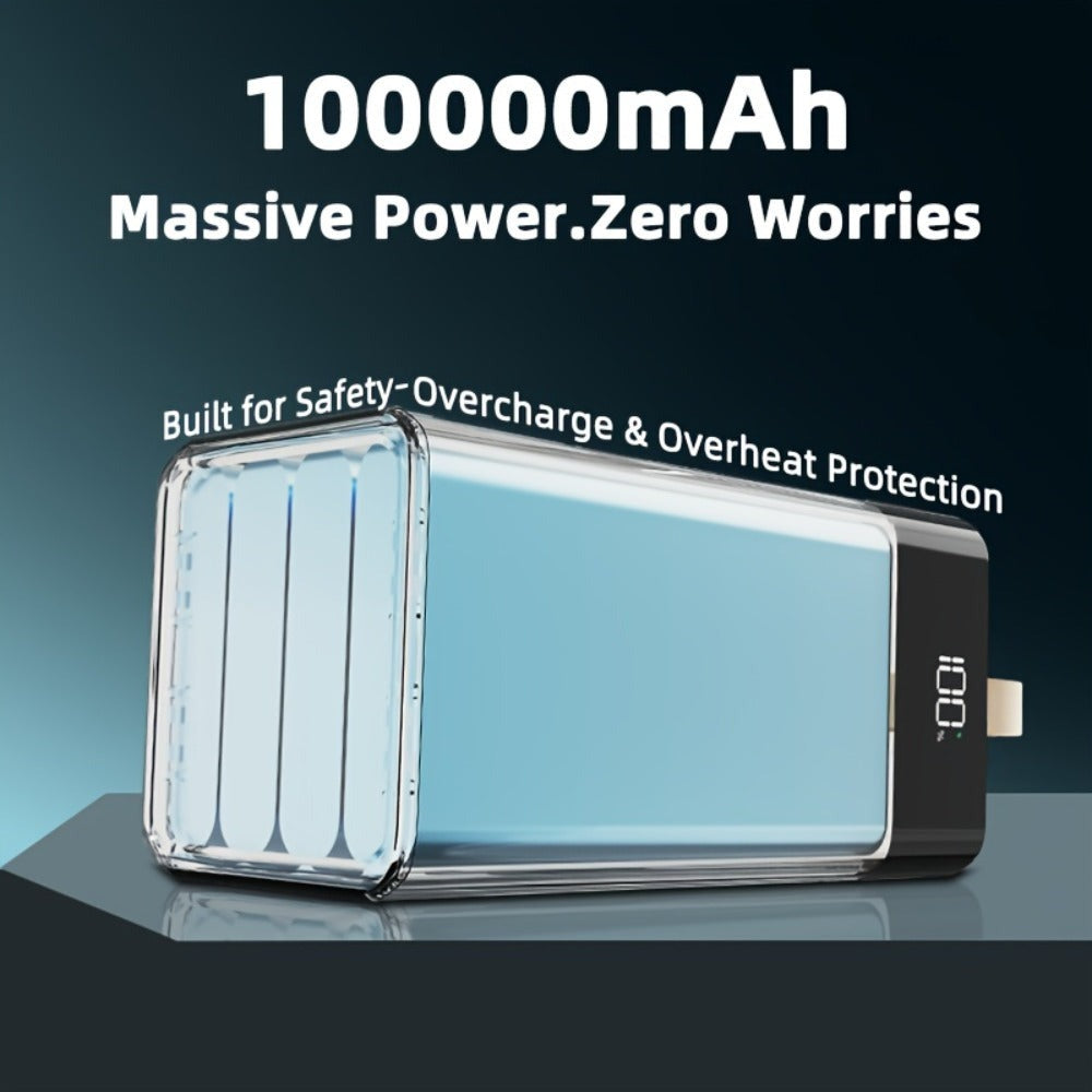 Batería Externa de 100000Mah | Ultra Alta Capacidad y Carga Segura | Pantalla LED y Correa de Cuero | Carga Rápida Multi-Dispositivo | Protección contra Sobrecalentamiento y Sobrecarga | para Android y iOS | Batería de Respaldo de Energía de Emergencia pa