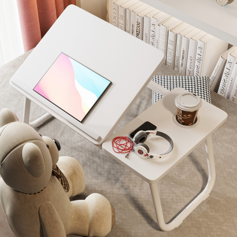 Mesa plegable para cama y sofá con altura ajustable de 5 niveles, bandeja con superficie ajustable y portavasos, mesa pequeña multifunción para ordenador, libros, trabajo y estudio en casa (56x32x25cm)