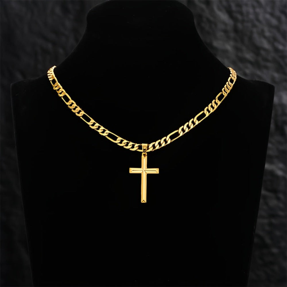 Collar con colgante para hombre de plata 925, cadena Figaro minimalista chapada en oro de 18K con colgante de cruz 3D, regalo perfecto para él, regalo para el Día del Padre, en caja de regalo