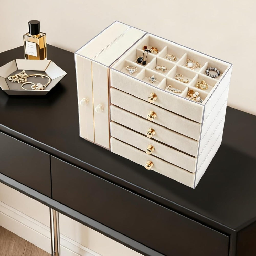 Caja de almacenamiento de joyas de gran capacidad con cajones y puerta lateral transparente, organizador multicapa para aretes, collares, anillos y pulseras, elegante solución de almacenamiento para tocador, joyeros