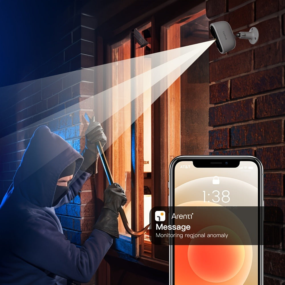 2 piezas Cámara de seguridad exterior LaxiHub, resolución 1296P, cámara CCTV con batería de 5200mAh para seguridad del hogar, almacenamiento en la nube/SD (hasta 256G), detección de movimiento con IA, foco, visión nocturna en color, audio bidireccional, d
