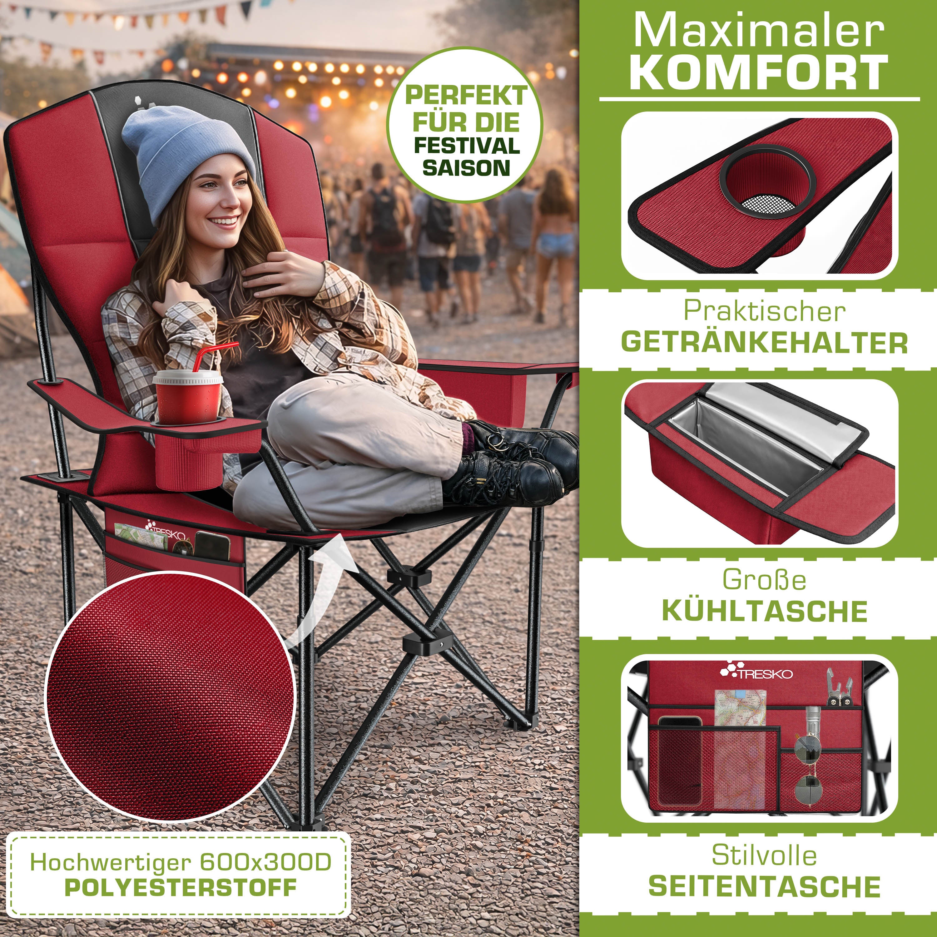 TRESKO® Silla de Camping Plegable hasta 200Kg | Silla Plegable con Bolsa Nevera, Portavasos y Bolsillo Lateral | Silla XXL Plegable Incluye Bolsa de Transporte | Silla de Pesca Acolchada para Exterior, Pesca, Festival y Jardín