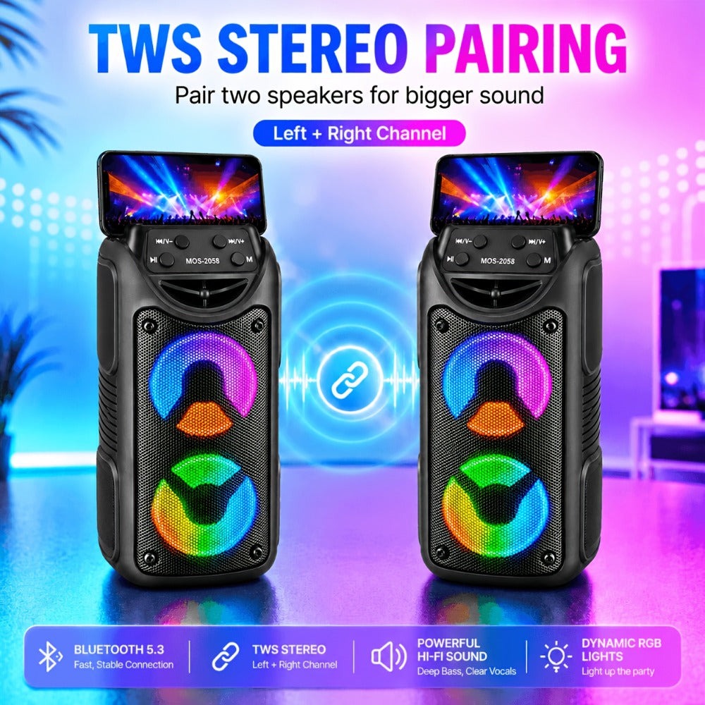 Altavoz inalámbrico portátil para fiestas con altavoces duales de 3 pulgadas, bajos profundos potentes, radio FM, luces ambientales LED y micrófono incorporado, altavoz de exterior de alto volumen para fiestas de verano, barbacoas en el jardín, camping, v