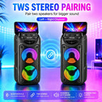 Altavoz inalámbrico portátil para fiestas con altavoces duales de 3 pulgadas, bajos profundos potentes, radio FM, luces ambientales LED y micrófono incorporado, altavoz de exterior de alto volumen para fiestas de verano, barbacoas en el jardín, camping, v