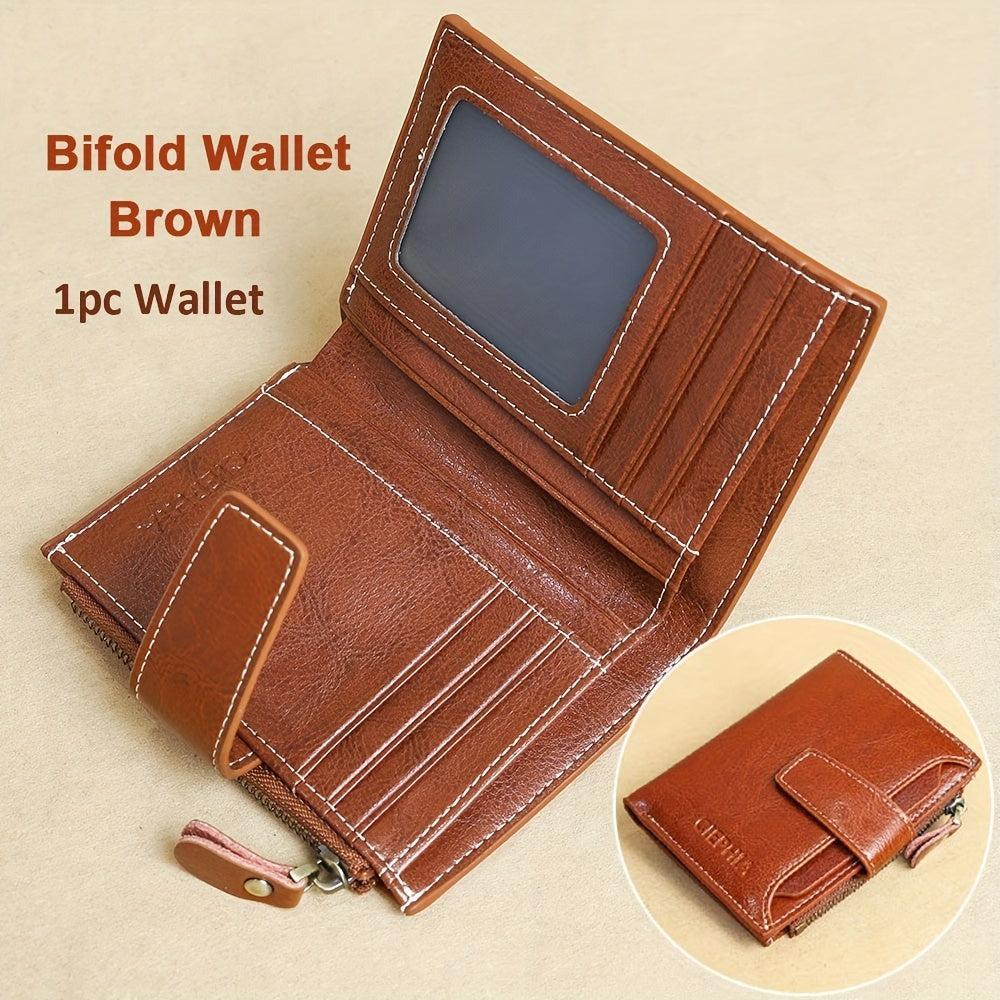 Monedero Ciephia de Cuero Genuino con Bloqueo RFID - Rojo Compacto con Detalles Dorados, 14 Ranuras para Tarjetas, Ventana Extraíble para DNI y Bolsillo con Cremallera para Monedas, Regalo Casual para San Valentín o el Día de la Madre, Apto para Hombres y