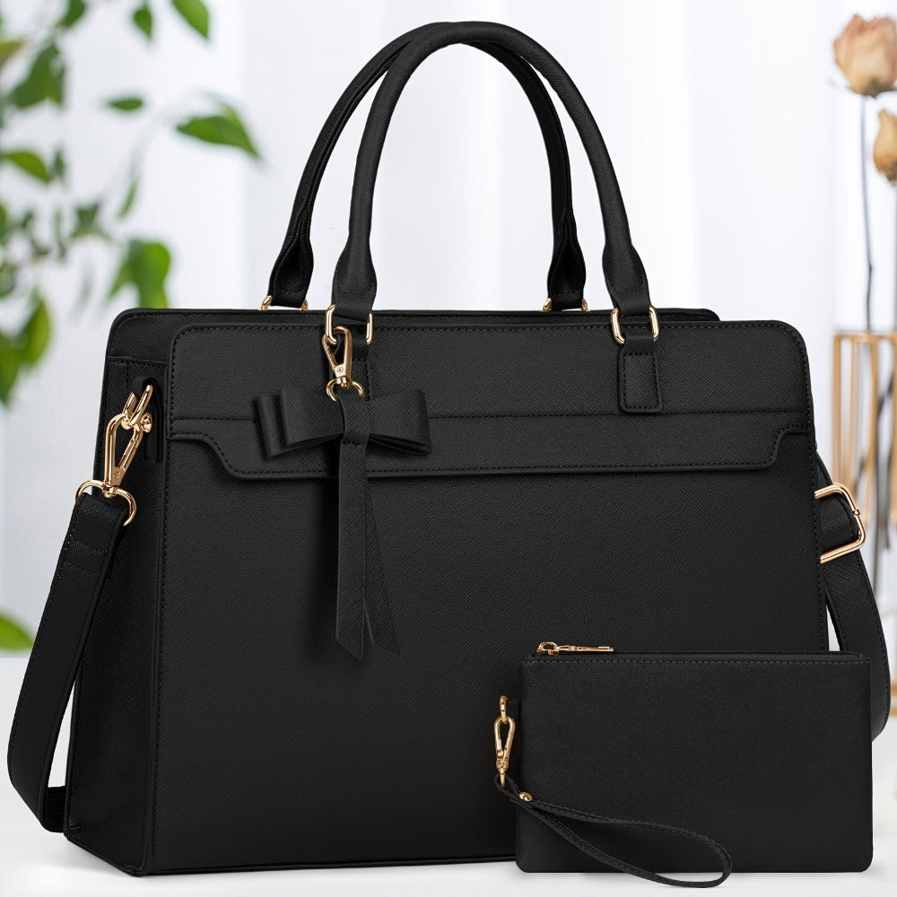 RAINSMORE Bolso de Mano para Mujer Bolso de Compras para Mujer Bolso Grande de 39.62 cm para Laptop Bolso de Trabajo de Cuero para Mujer Bolso de Hombro con Cartera Juego de Dos Piezas para Oficina de Negocios Escuela
