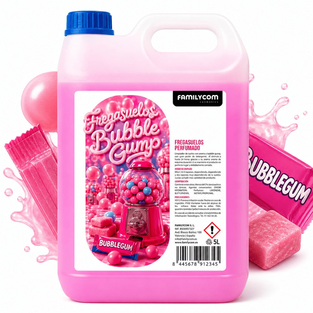 GrupoFamily Fregasuelos Concentrado - Friegasuelos Perfumado Duradero Aroma Chicle Bubble Gump - Limpieza, Brillo e Higiene - Limpiasuelos pH Neutro Todo Tipo de Suelos, Superficies Delicadas - 5 Litros