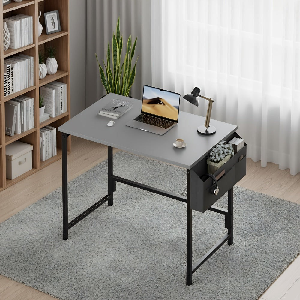 Escritorio Pequeño para Computadora con Bolsa de Almacenamiento, Compatible para Oficina en Casa - Escritorio Compacto Ahorrador de Espacio, Estación de Trabajo Independiente con Altura Ajustable, Montaje, /Blanco/Gris/Marrón - Estructura de Metal y Tapa