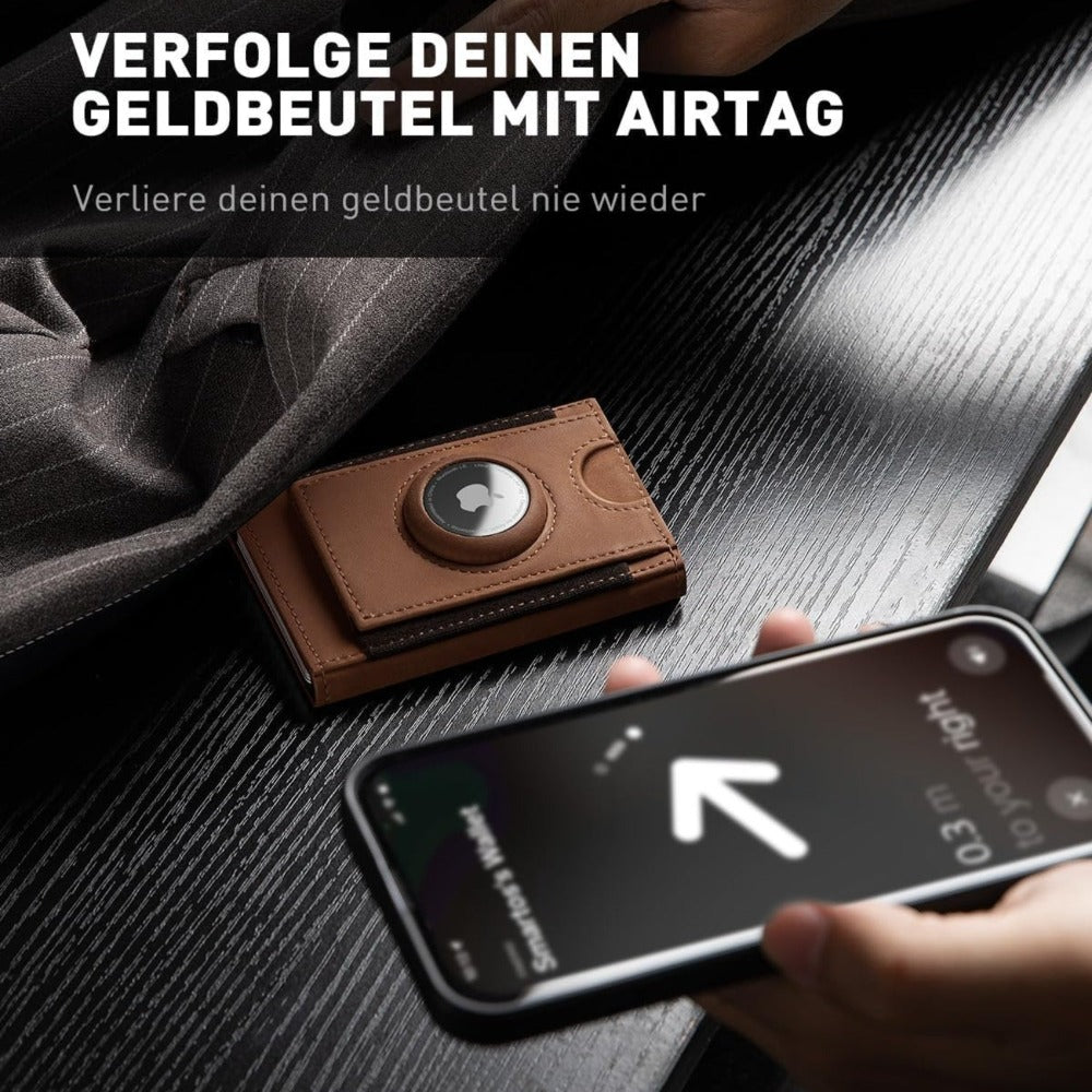 Cartera IWANTIT con Compartimento Grande para Monedas, Cartera para 6-7 Tarjetas, Cartera Delgada para Hombres con Protección RFID, Cartera Inteligente con Apertura Automática, Estuche para Tarjetas con Compartimento para AirTag, Marrón, Minimalista
