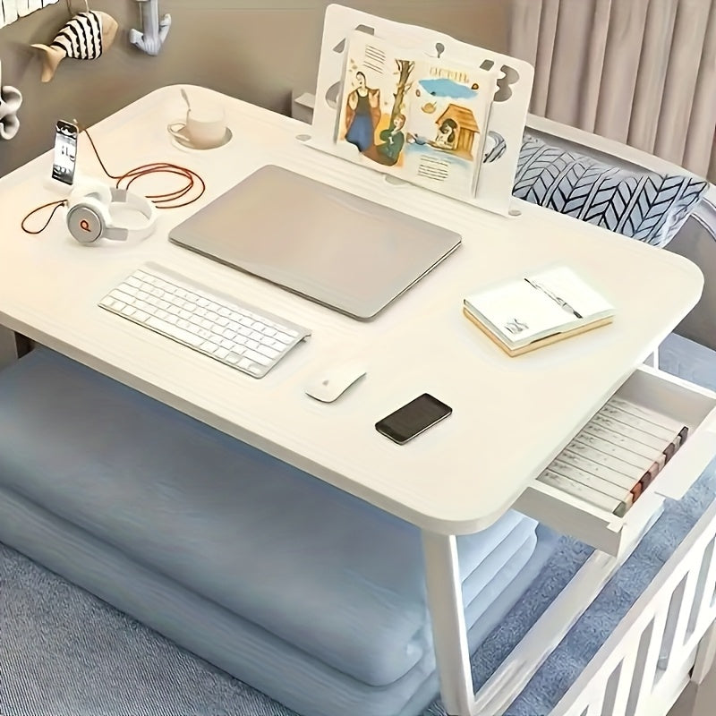Mesa auxiliar | Mesa Auxiliar Plegable con Cajón de Almacenamiento, Ranura para Tarjetas y Portavasos, Escritorio de Corcho para Portátil para