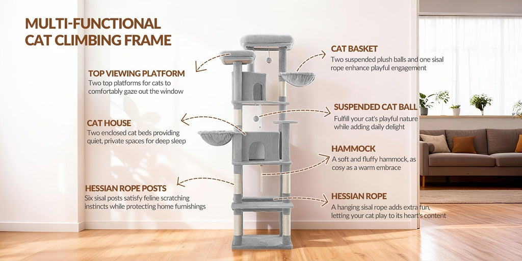Rascador Grande para Gatos, Rascador de 216 Cm, Gatos Grandes, Estable con Rascadores, 2 Casas Cómodas para Gatos, 2 Perchas, 2 Cestas, Hamaca, Para Uso en Interiores