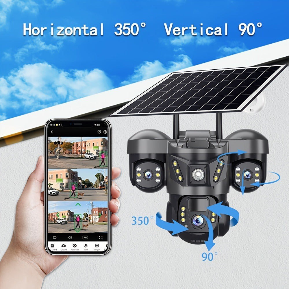 Cámara solar con WiFi V380 PRO de 3 lentes, 1080P, resistente al agua, HD, para exteriores, CCTV, visión nocturna, audio bidireccional, cámara de red con seguimiento de movimiento, cámara PTZ, seguimiento automático, alarma y visión nocturna en color, rot