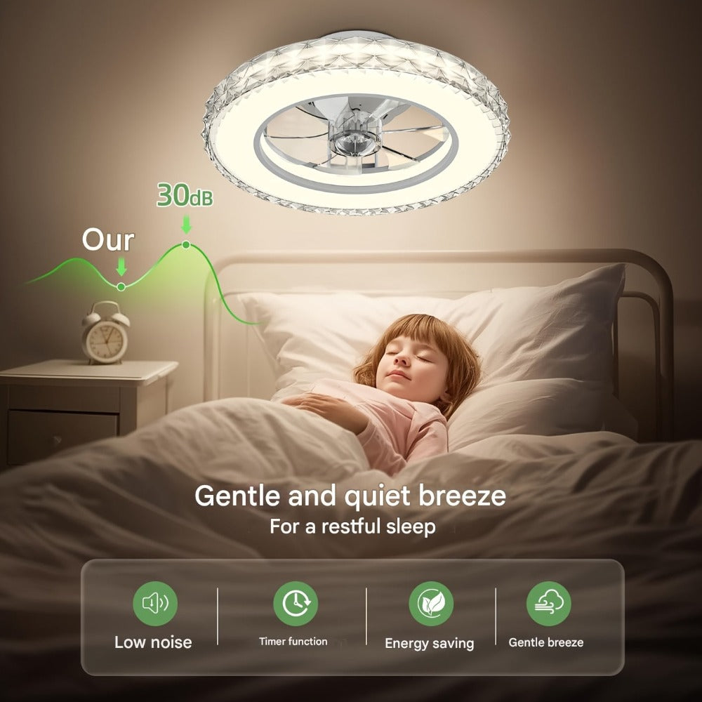 ATEROLL Ventilador de Techo de 43cm con Luz, Luz RGB+3CCT Ajustable, Ventilador de Techo de Estilo Moderno de Cristal, 7 Colores y 6 Modos de Luz Perseguidora, Función de Temporización de 2H, 4H, Motor DC Embutido, Opción Ideal para Dormitorio/Sala de Est