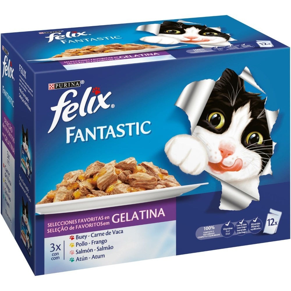 Paquete Ahorro Felix Fantastic Selecciones Favoritas en Gelatina de Pollo, Buey, Salmón y Atún