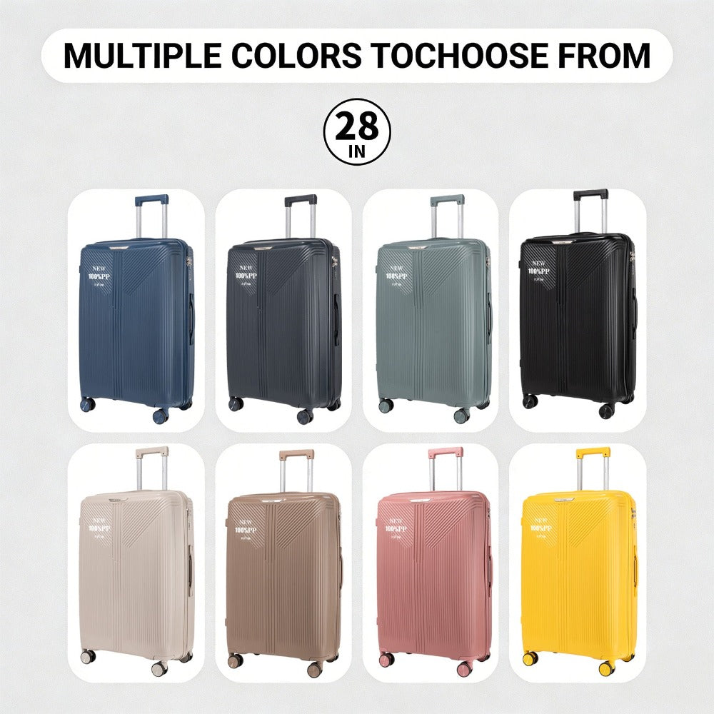 Maleta espaciosa de PP de 28" diseñada para equipaje de factura. Cuenta con ruedas silenciosas, cerradura antirrobo con contraseña y construcción duradera. Perfecta para viajes de larga distancia, viajes familiares y viajes diarios, un imprescindible para