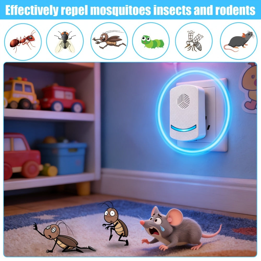 Juego Familiar de 4 piezas, Repelente Ultrasónico de Mosquitos de 6ª Generación, Enchufe EU, Tecnología Ultrasónica Inteligente, Repele Potentemente Ratones, Cucarachas, Mosquitos, Moscas y Otros Plagas, Adecuado para Entornos Interiores como Dormitorios,