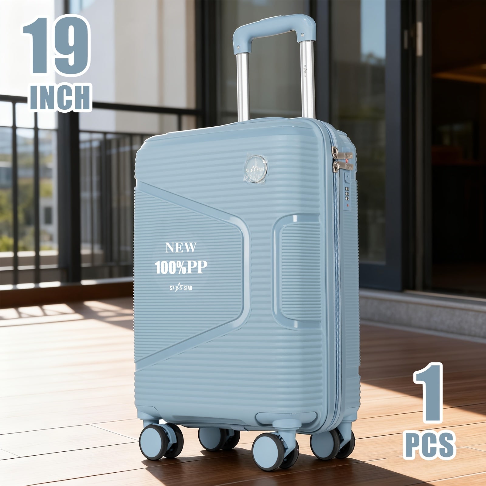 Equipaje de mano de 19 pulgadas, 8 colores, material PP 100% resistente y anti-presión, cerradura de contraseña Trinity y ruedas giratorias de 360°, cremallera protectora suave, asa elástica, se ajusta al compartimento superior del avión