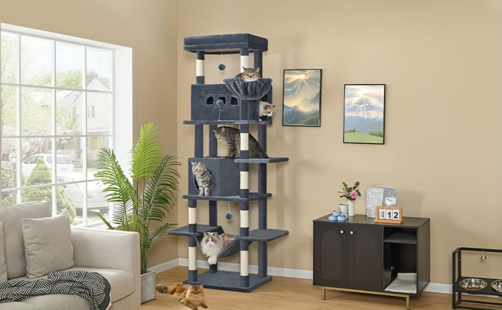 Árbol para gatos extra alto de 210 cm con 8 postes rascadores y 2 cuevas - Muebles para gatos de múltiples niveles de alta resistencia, tapete lavable, hamaca y pelotas de felpa - Torre para gatos grande con base resistente