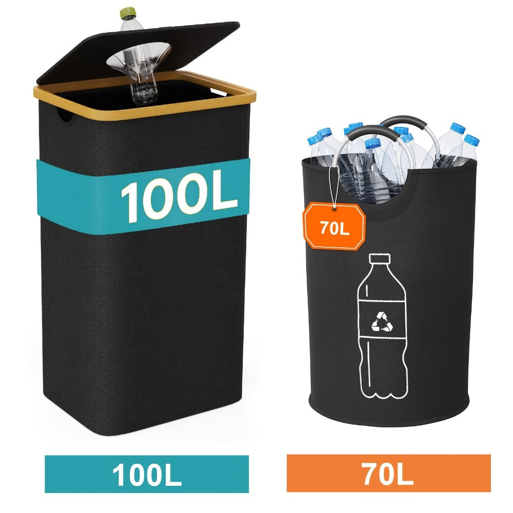 Cubo de Reciclaje Plegable de 100L y 70L, Material de Nylon 900D, con Bolsa Extraíble - Organizador de Basura de Tela Oxford Negra de Gran Capacidad, para Reciclaje de Vidrio, Plástico, Metal y Botellas Vacías, Almacenamiento para Cocina y Lavandería