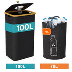 Cubo de Reciclaje Plegable de 100L y 70L, Material de Nylon 900D, con Bolsa Extraíble - Organizador de Basura de Tela Oxford Negra de Gran Capacidad, para Reciclaje de Vidrio, Plástico, Metal y Botellas Vacías, Almacenamiento para Cocina y Lavandería
