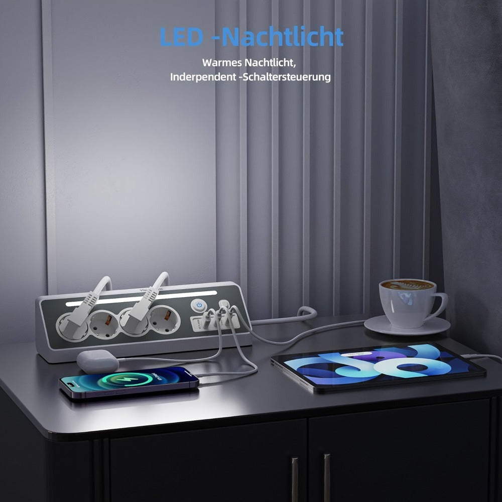 Regleta de enchufes múltiples de ángulo recto 7 en 1 con estación de carga rápida, 4 CA, 2 USB-C de 20W con indicador LED y doble interruptor, ideal para cargar teléfonos, tablets en el hogar, la oficina, configuración de oficina en casa, organización del