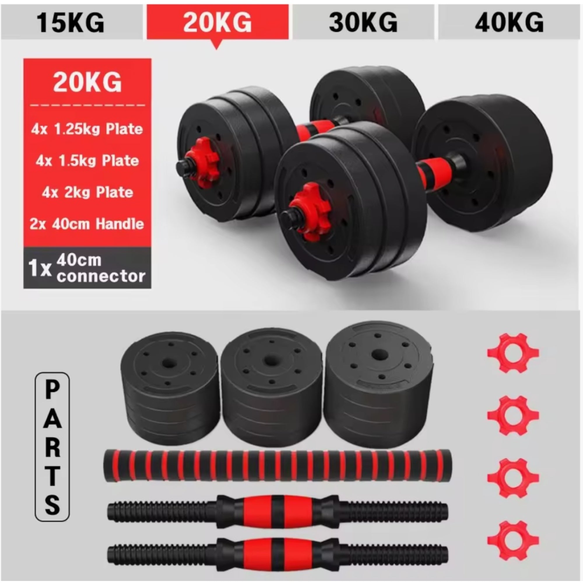 Conjunto de mancuernas ajustables 2 en 1, con barras, multifuncionales 10KG-15KG-20KG-30KG. Conjunto de pesas con conexión de barra combinable libremente, 10/15KG/20KG/30KG... Ajustable, mancuernas cortas y largas, cierres en forma de estrella y tubo de c