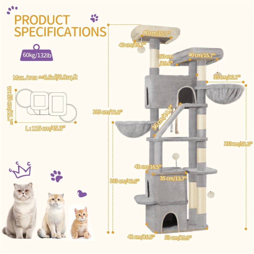 Poste Rascador Grande de 185cm, Torre para Gatos XXL, Árbol para Gato Maine con 7 Niveles y 3 Cuevas, Postes Rascadores, Gris Claro
